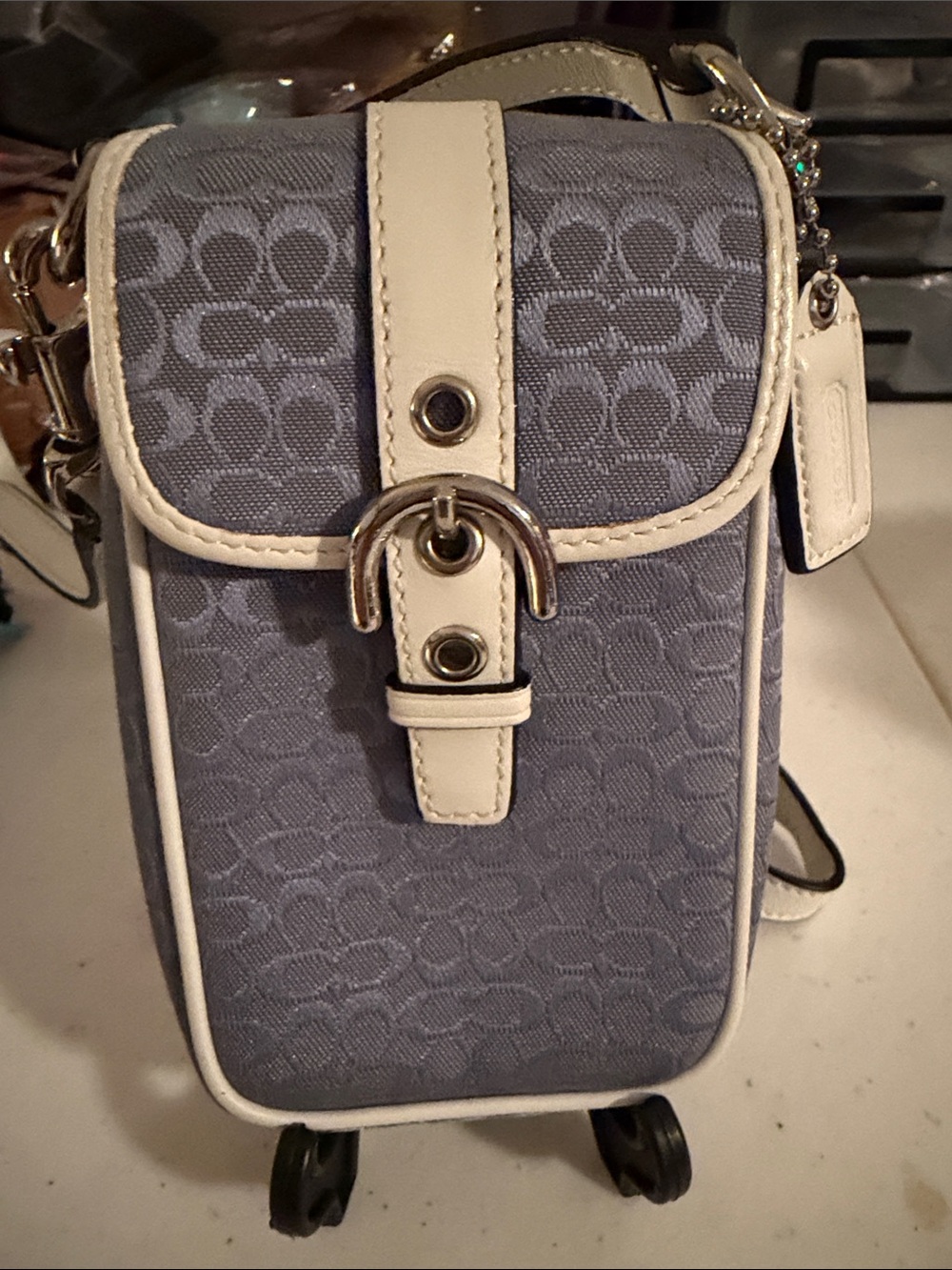 Coach 1941 Blue Signature Canvas Mini crossbody Bag with White Trim and Buckle - Picture 13 of 16